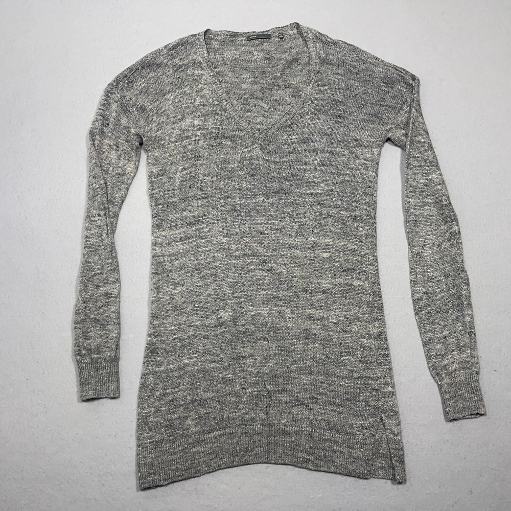 Vince Sweater Women Medium Slim Fit Gray 100% Linen V-Neck Knit Tunic Minimalist